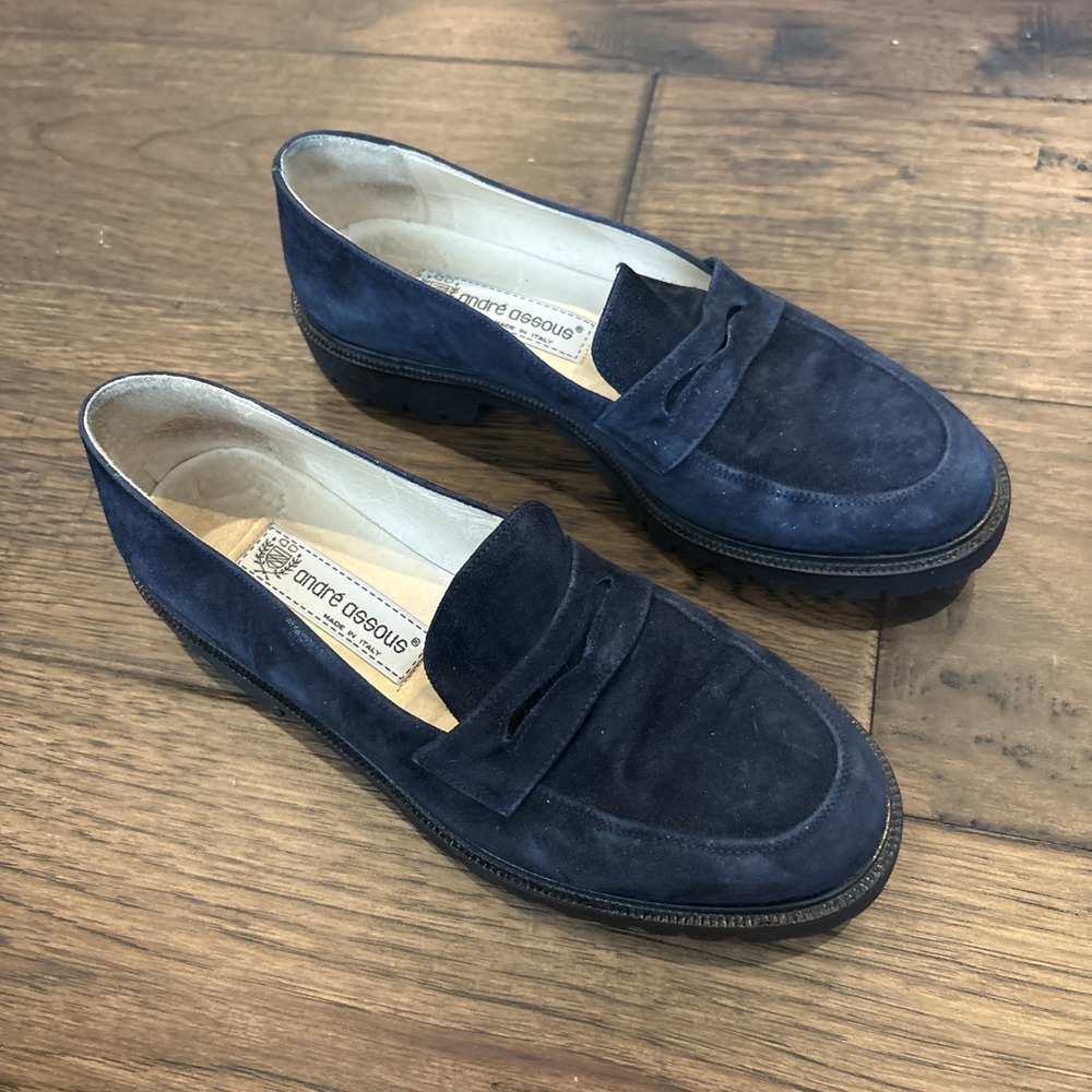 Andre Assous Women's Navy Blue Suede Penny Loafers Italy Quiet Luxury Old Money‎